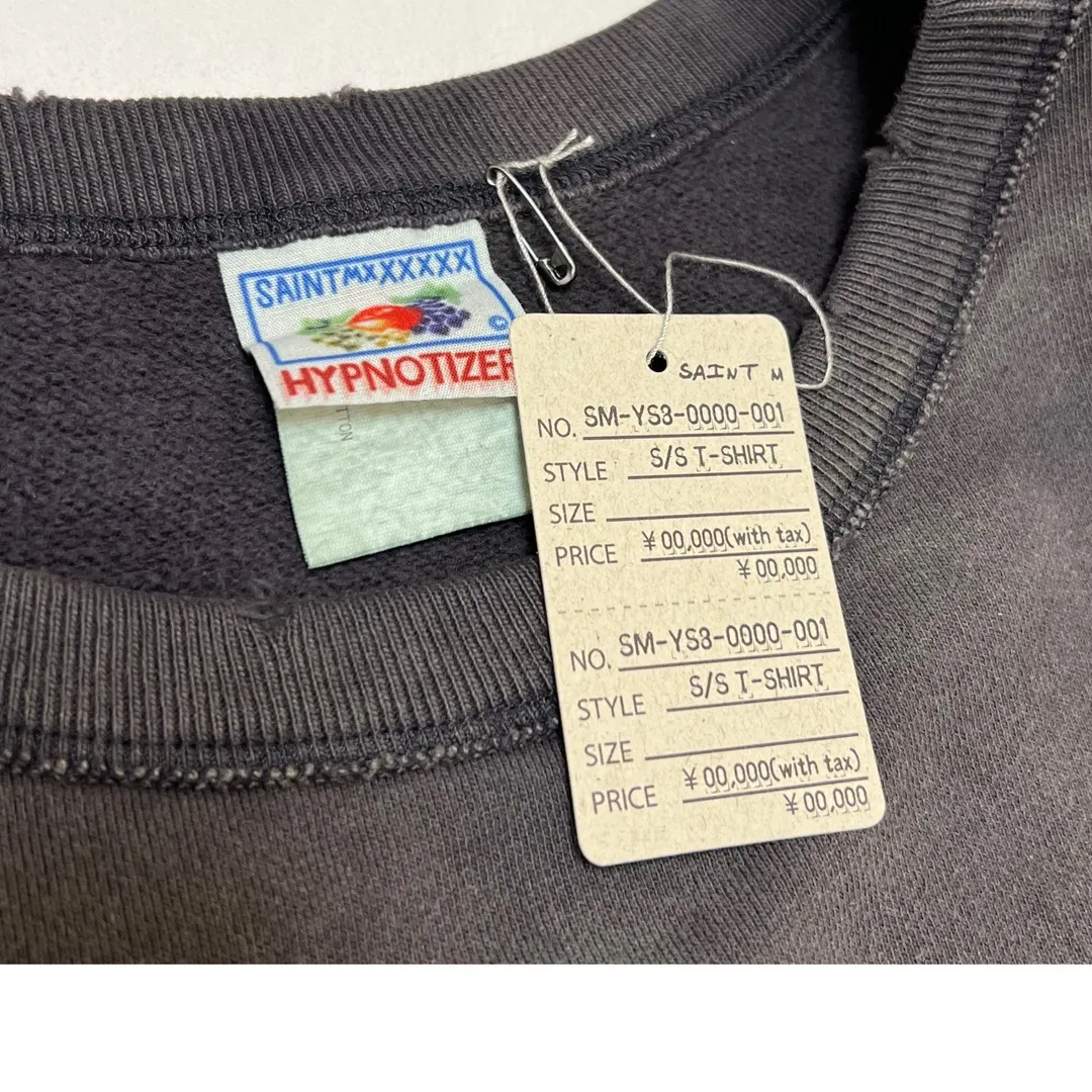 SAINT Mxxxxxx CREW NECK SWT SHIRTS 'RAINBOW SNT'/BLK Rainbow SAINT destruction sweatshirt, washed black S-XL Assute dyeing, genuine whole garment sprayed with horsetail fading process, collar/cuffs frayed in many places, front and rear panels/sleeves super complicated hanging grinding, heavy washing and water discoloration, correct fruit mark/angel mark